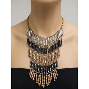 Vintage Tri Tone Metallic Seed Bead Multi Layer Bib Statement Necklace Fringe